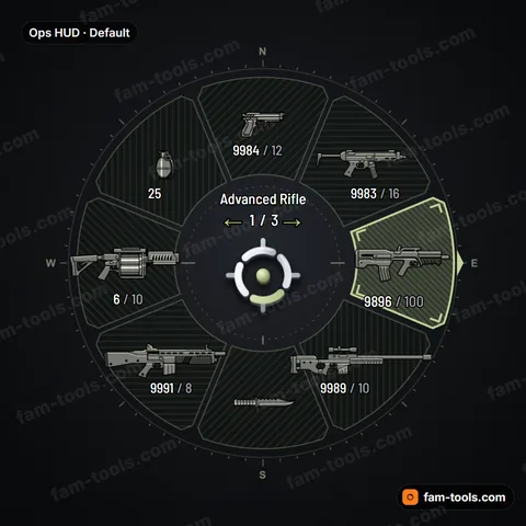 Ops HUD weapon wheel for FiveM, stencil hatch, compass ring, range-finder brackets