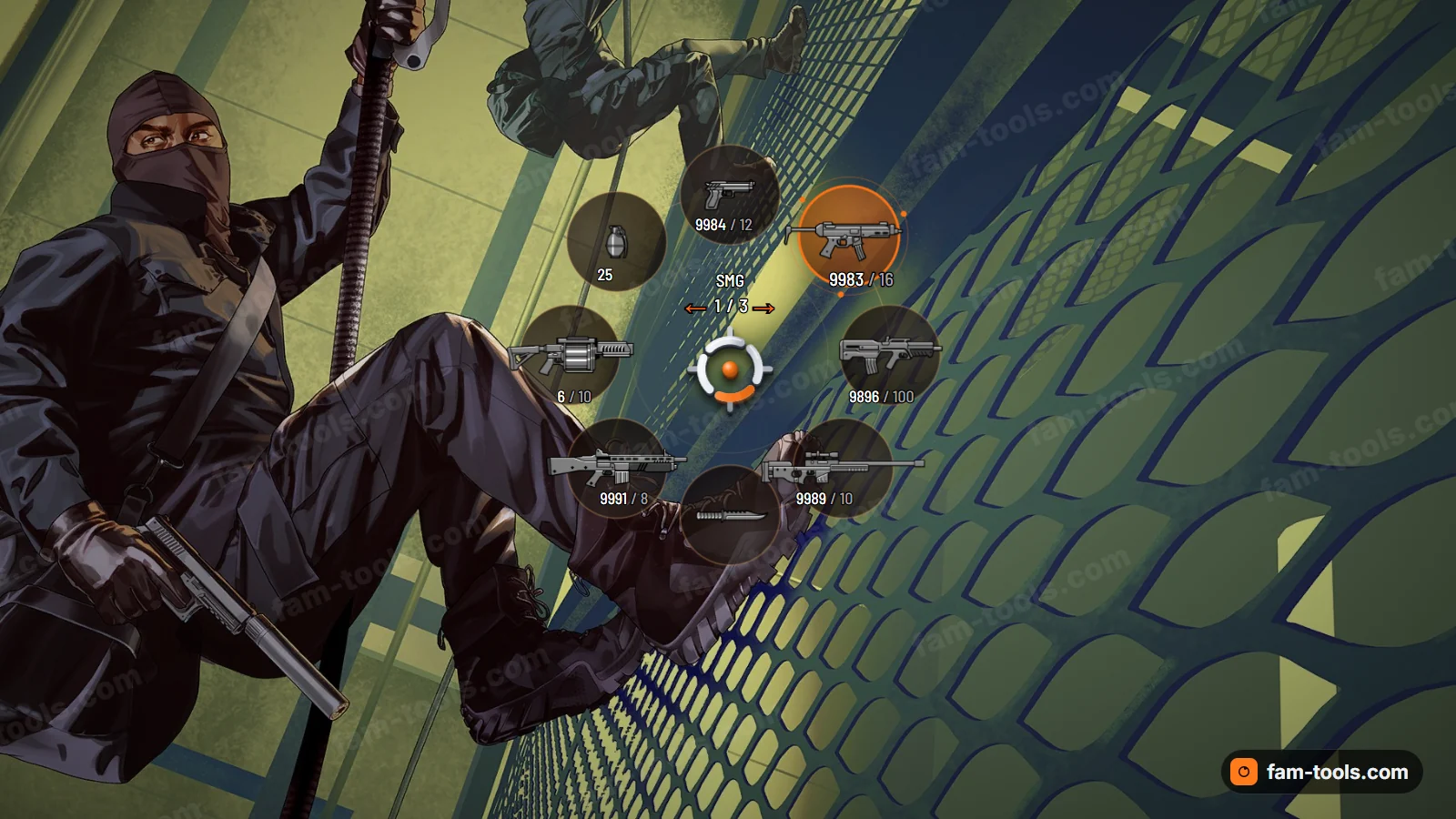 Orbit weapon wheel, open on a dark HUD