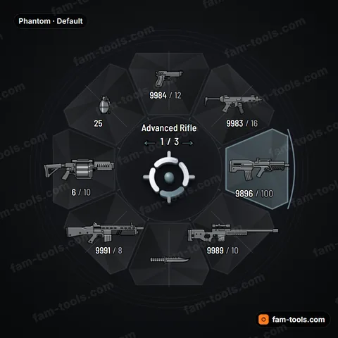 Phantom weapon wheel for FiveM, low-observable faceted panels, matte radar coating and a whisper-thin accent
