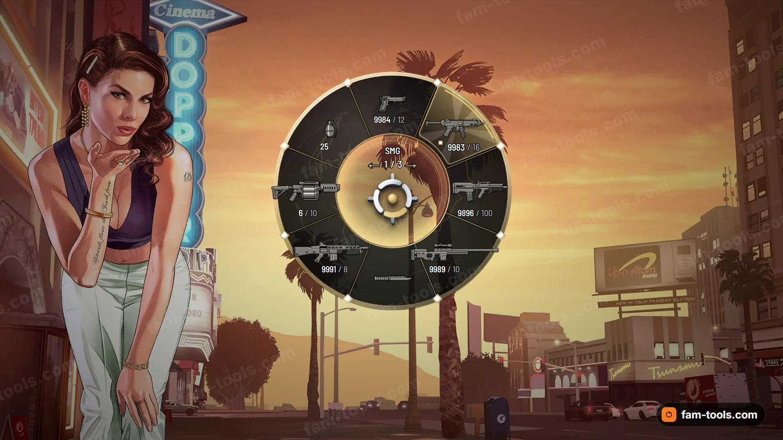 Prestige weapon wheel, open on a dark HUD