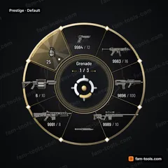Prestige FiveM-compatible weapon wheel, black marble with gold veins, diamond-set bezel and faceted crystal selection