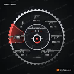 Razor FiveM-compatible weapon wheel, spinning saw blade rim, swept steel blades, bolted arbor hub