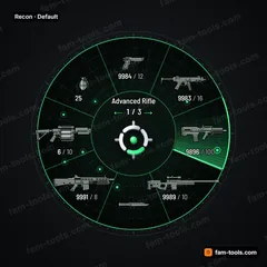 Recon FiveM-compatible weapon wheel, tactical radar screen, range rings, enemy blips and sweep-beam selection