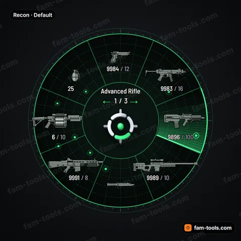 Recon weapon wheel for FiveM, tactical radar screen, range rings, enemy blips and sweep-beam selection