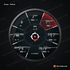 Scope FiveM-compatible weapon wheel, sniper optic housing, knurled ring, mil-dot reticle and range-finder selection