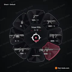 Shard FiveM-compatible weapon wheel, faceted glass panels cut apart, crisp edge light and cold reflections