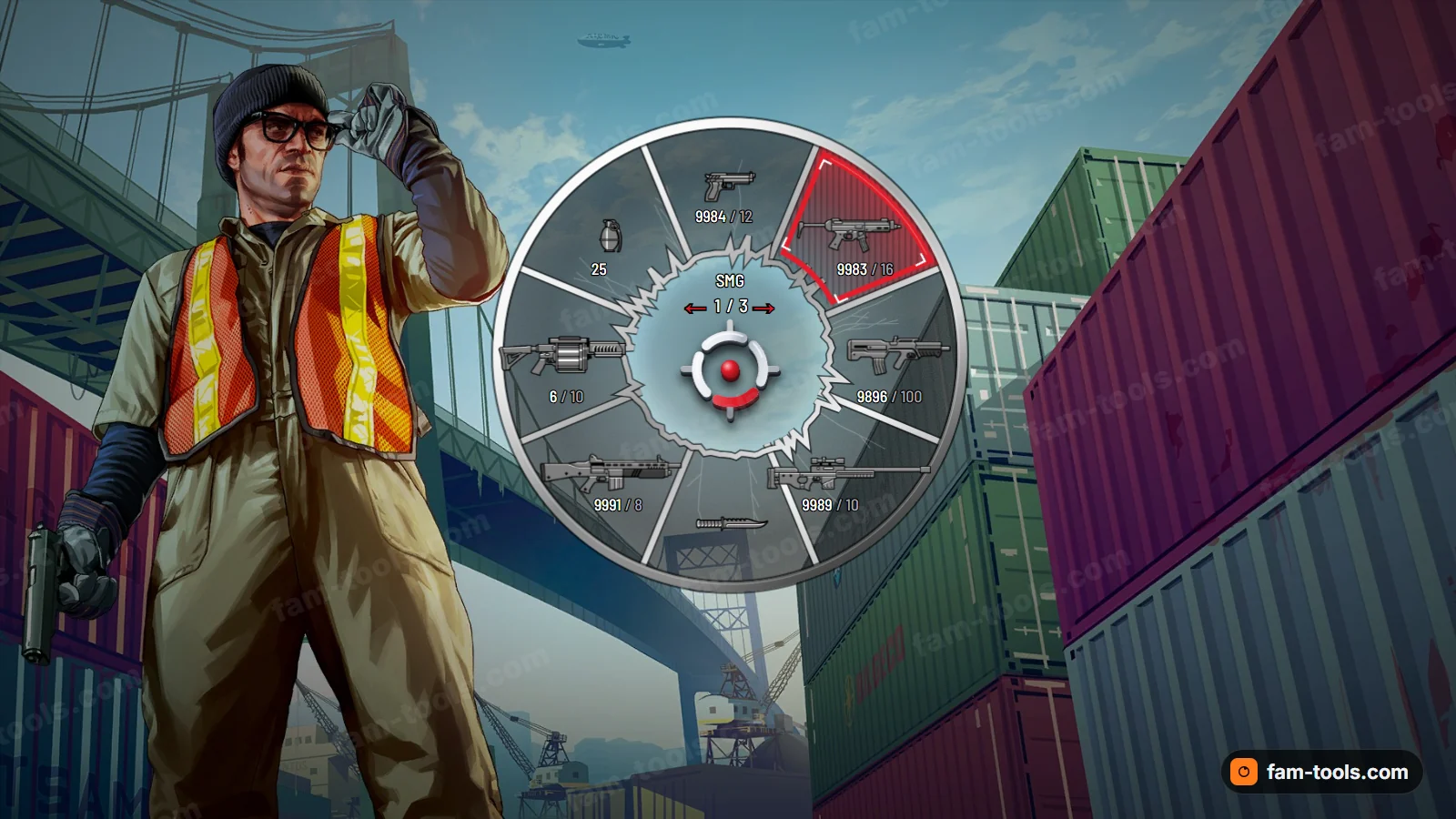 Shattered weapon wheel, open on a dark HUD
