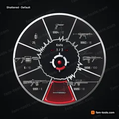 Shattered FiveM-compatible weapon wheel, forged metal frame, torn glass core, framed selection