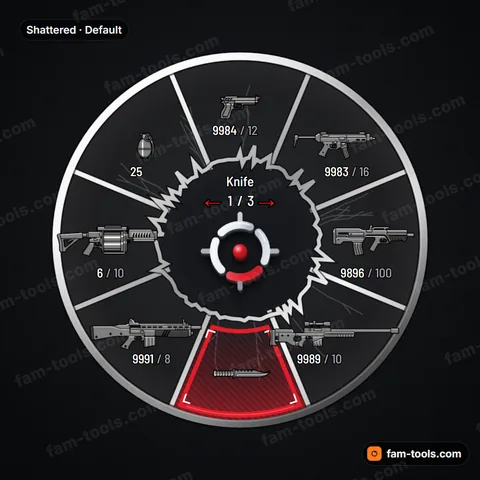 Shattered weapon wheel for FiveM, forged metal frame, torn glass core, framed selection