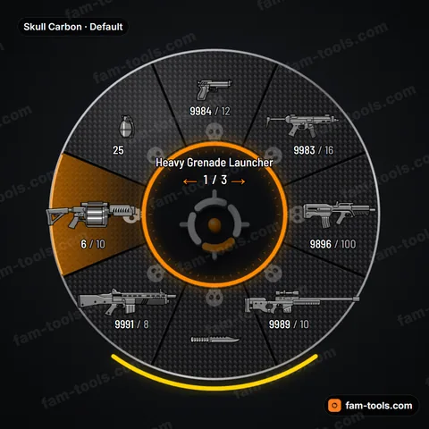 Skull Carbon weapon wheel for FiveM, twill carbon weave, skull emblems, glowing core