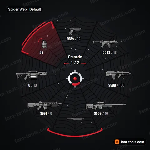 Spider Web weapon wheel for FiveM, sagging silk threads, framed outer edge, chevron core