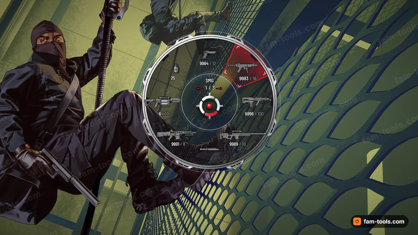Tech Frame weapon wheel, open on a dark HUD
