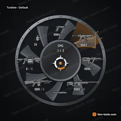 Turbine FiveM-compatible weapon wheel, fan blades in a bolted shroud with heat-tinted selection