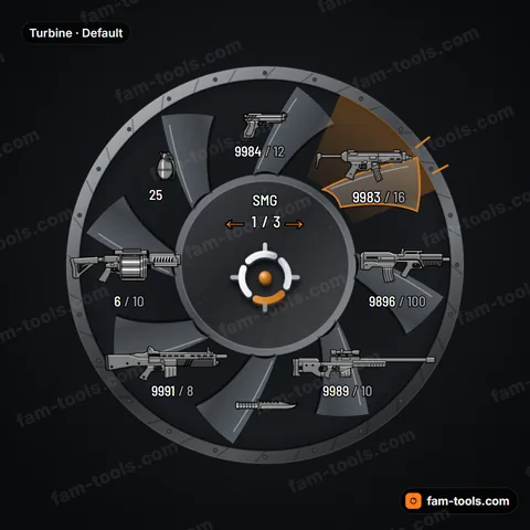 Turbine weapon wheel for FiveM, fan blades in a bolted shroud with heat-tinted selection