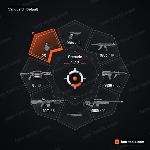 Vanguard weapon wheel for FiveM, arrowhead chevron segments, double-line armor and tip marker