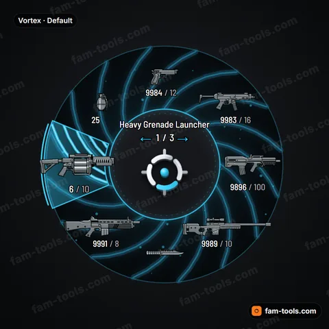 Vortex weapon wheel for FiveM, spiral energy arms with motion streaks and a bright containment core